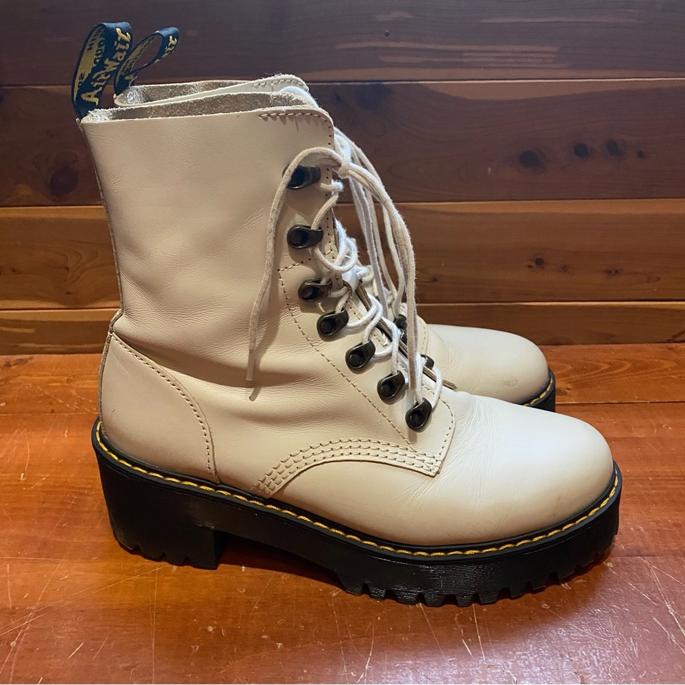 Dr. Martens Leona Temperley Leather Heeled Boots in Bone